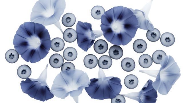Artistic still life composition featuring a detailed flat lay of blue morning glory flowers and fresh blueberries on a white background - Powered by Adobe