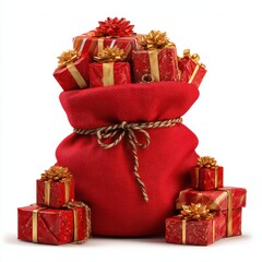 classic red santa gift bag filled with presents isolated on white high resolution transparent png clipart for christmas designs cards stickers overlays and festive crafts

