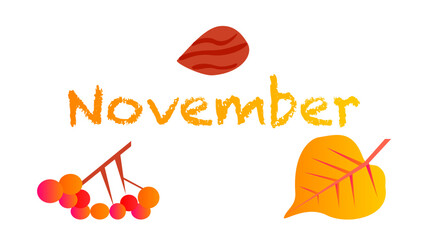 Vector banner for November, decorative autumn falling leaves, greeting card with lettering on white abstract background.