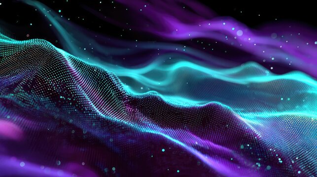 Digital particles forming glowing blue purple wave abstract background