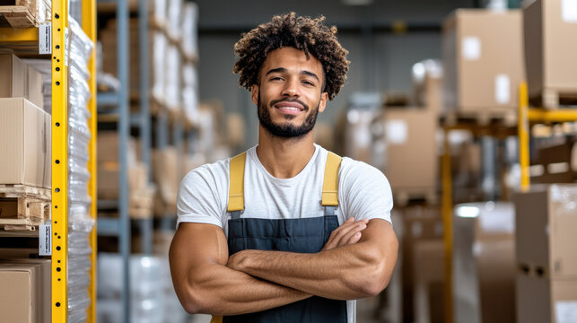 Warehouse worker smiling with folded arms confident fulfillment staff