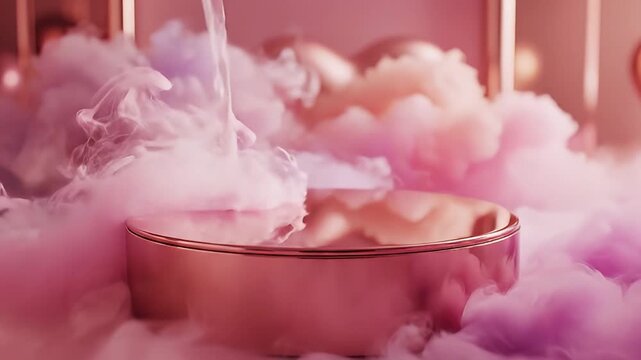A shimmering metallic cylindrical display stand, with a sleek, reflective rose gold finish, emerges from a cascade of soft, billowing smoke. The ethereal fog dances around the pedestal in vibrant shad