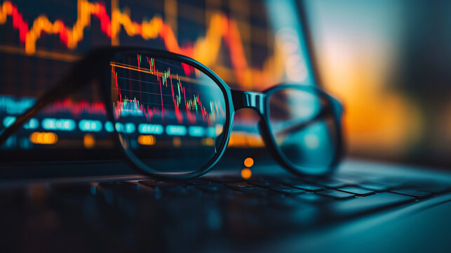 Financial analyst studies stock market data with eyeglasses on laptop, planning investment strategy - Powered by Adobe