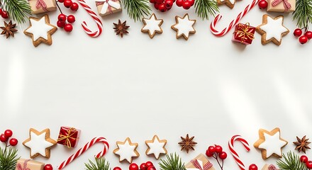 Festive christmas border frame with star cookies candy canes pine branches and red berries on a neutral background