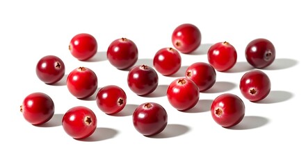 A vibrant cluster of fresh ripe red cranberries scattered on a clean white background