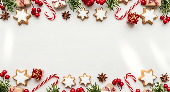 Festive christmas border frame with star cookies candy canes pine branches and red berries on a neutral background - Powered by Adobe