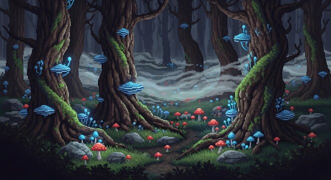 pixel art game level background, 8 bit, landscape, arcade video game, pixel style. A pixelated forest scene featuring glowing mushrooms and winding paths.
