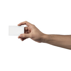 Obraz premium A human hand holding a small blank white card isolated on transparent background