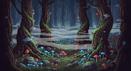 pixel art game level background, 8 bit, landscape, arcade video game, pixel style. A pixelated, enchanted forest scene with glowing mushrooms, mossy trees, and a misty atmosphere.