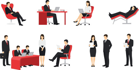 Business people working in office, corporate team collaboration illustration, professional employees using laptops, reading documents, modern workplace business scene