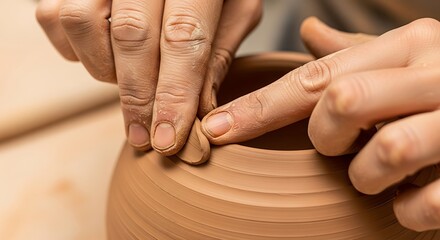 Potter's hands shaping clay on a spinning wheel with focus and detail