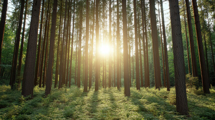 Obraz premium Sunlight through tall pine tree trunks forest floor fern carpet serene morning glow