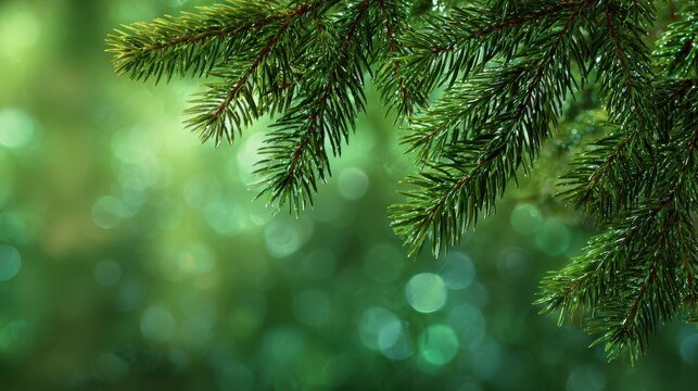 festive green christmas backdrop with pine branches and bokeh