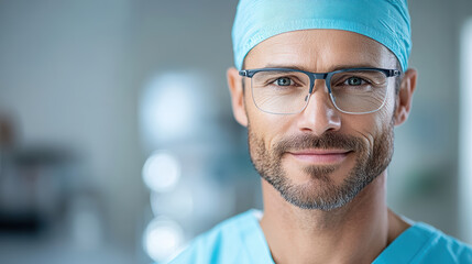 Male surgeon wearing surgical cap and scrub top, steady focused expression, warm confident gaze