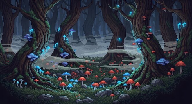A mystical pixel art forest scene with glowing blue and red mushrooms and gnarled trees in a foggy, dark environment.