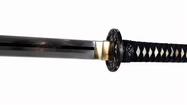 A stunning close-up of a meticulously crafted traditional blade, showcasing its highly polished surface with delicate etchings and an intricately designed hilt. The handle is expertly wrapped, contras