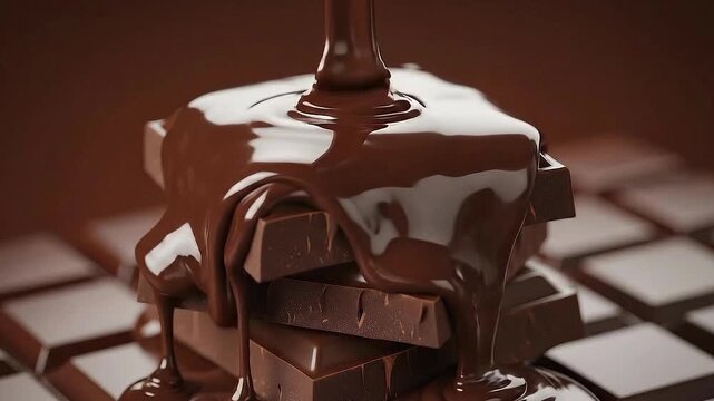 Rich dark chocolate pouring over stacked chocolate bars