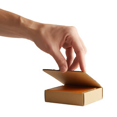Human hand opening a small cardboard box with a lid slightly ajar isolated on transparent background