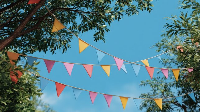 cheerful multi colored bunting flags strung across a vibrant blue sky framed by lush green tree foliage