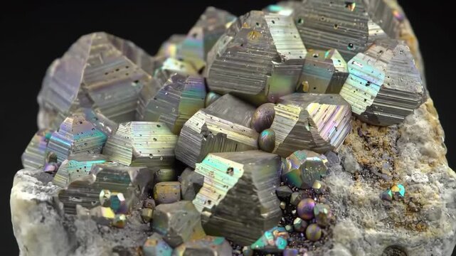 Close-up of iridescent pyrite crystal cluster on stone, with black background, for geology