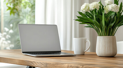 Laptop on wooden desk coffee mug potted white flowers bright home office workspace with plant