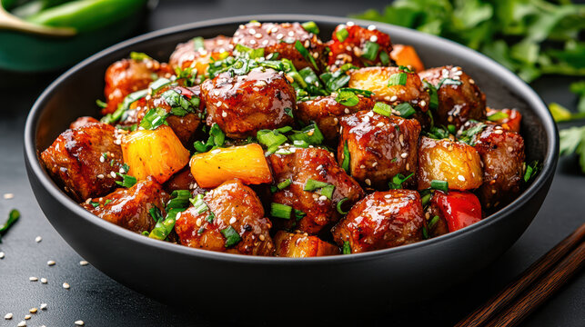 Sweet sour pork glossy red pineapple peppers garnished with sesame and scallion - Powered by Adobe