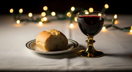 Communion bread and wine chalice on a solemn table, symbolizing remembrance and sacrifice for National Pearl Harbor Remembrance Day observance