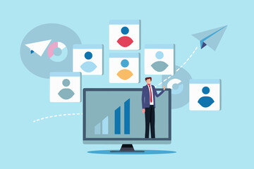 Businessman presenting growth chart and user profiles on a digital screen with paper airplanes