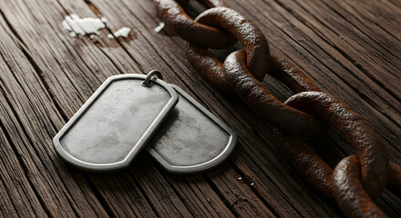 Worn Military Dog Tags and Rusty Chain on Aged Wood, Evoking Remembrance and Sacrifice for Pearl Harbor Day.