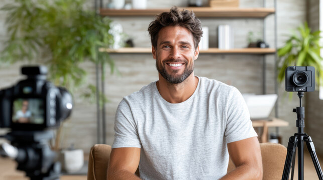 Smiling man recording video at home with soft lighting and camera setup