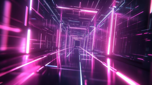 Futuristic digital tunnel with glowing neon lights