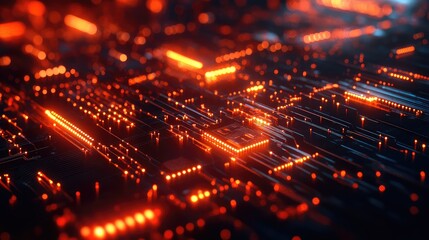 Glowing circuit board processing digital data in cyber space