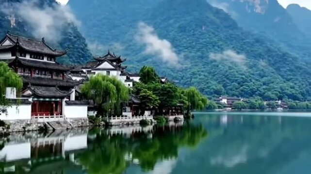 Tranquil lake reflects ancient Chinese architecture mountains