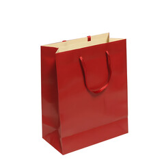 A glossy red paper gift bag with a twisted rope handle isolated on transparent background