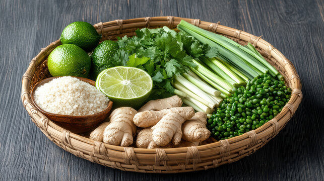 Fresh green herbs and spices arranged in rustic basket with lime and rice