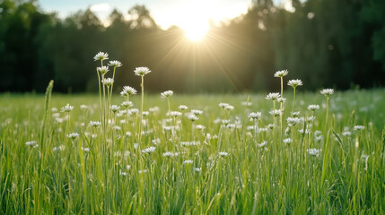 Obraz premium Tiny meadow flowers close up sun sparkle tranquil field at sunrise