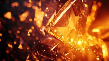 Abstract glittering orange geometric crystal shapes exploding
