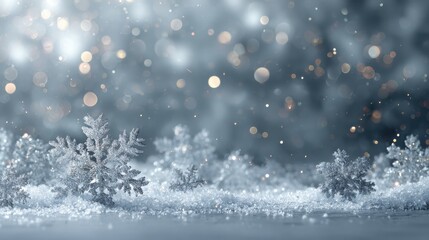 Naklejka premium winter wonderland scene with snowflakes glitter and bokeh lights against a soft gray backdrop