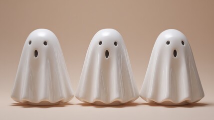 three adorable white ghost figurines are arranged in a row against a soft neutral background ideal for halloween decor and festive ambiance