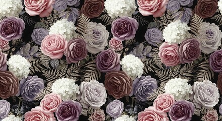 A beautiful seamless pattern featuring an array of roses in various shades of pink, purple, and white on dark background