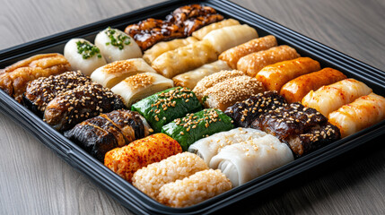 Colorful assorted rice cakes platter with sesame and savory fillings, festive and appetizing
