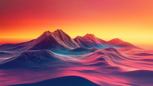 Digital mountains landscape with colorful wireframe at sunset - Powered by Adobe