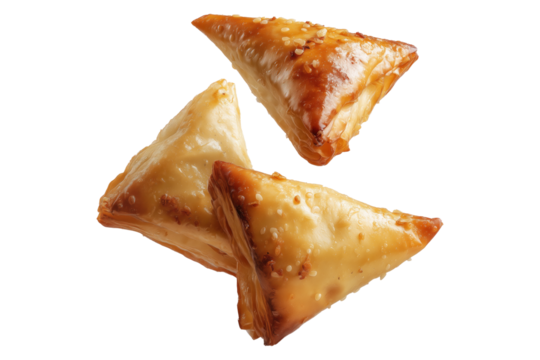 Briouat triangular fruit filled pastries, phyllo pastries filled with meat or almonds isolated on white transparent background, concept of Arabic sweet baked desserts