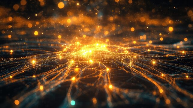 Abstract golden network connecting glowing digital data points