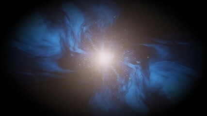 An abstract and dynamic visual sequence unfolds, featuring a luminous, sparkling core of light that radiates intense energy against a deep, dark backdrop. Ethereal blue, smoke-like fluid shapes swirl 