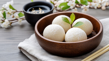 Spring mochi dessert dusted with powder, wooden bowl with chopstick and blossom