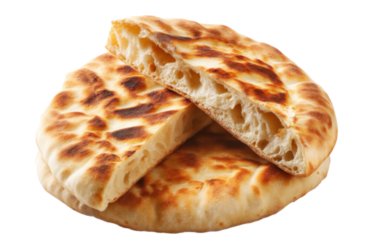 Traditional pita bread or flatbreads pieces, isolated on white transparent background. Concept of Arabic Cuisine and fresh bakery - Powered by Adobe