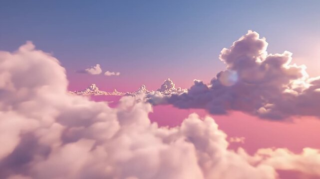 An enchanting aerial journey through a breathtaking sky, painted with soft pastels of pink, purple, and blue during a magical sunrise or sunset. Fluffy, voluminous cumulus clouds glow warmly as the ge