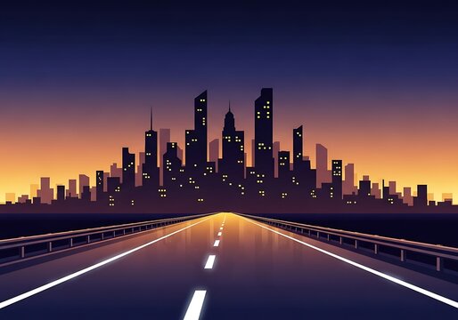 Urban highway leading to a vibrant cityscape illuminated at twilight - Powered by Adobe