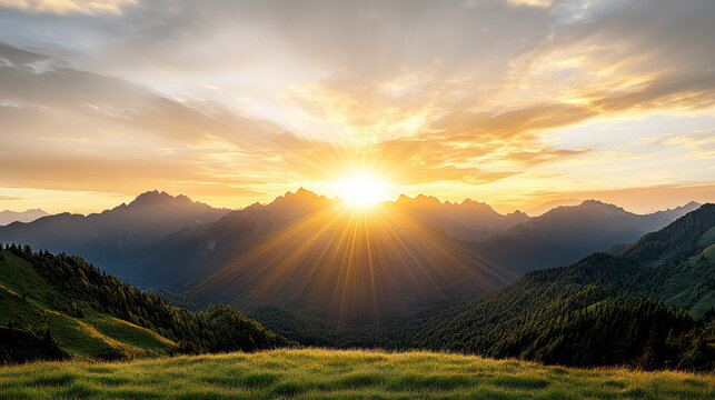 Golden sunrise mountain meadow with sunburst over ridgeline